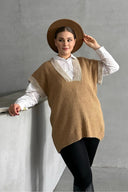 סוודר במידות גדולות צווארון V שרוול קצר טריקו 302135