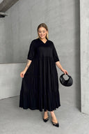 שמלה ארוכה במידות גדולות חצי שרוול צווארון V גומי במותן 302150