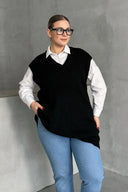 סוודר במידות גדולות צווארון V שרוול קצר טריקו 302134