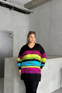 חולצה במידות גדולות צווארון V דוגמת פסים שסעים בצדדים שרוול ארוך 302014