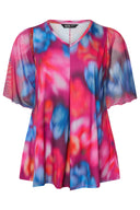 חולצה במידות גדולות שרוולים ארוכים פרטי טול עם קפלים צווארון V 321822