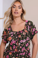 שמלה במידות גדולות מקסי שרוול קצר דוגמת פרחים פרטי כיווץ בצווארון 270237