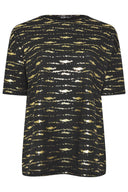 טישירט ארוכה במידות גדולות שרוול קצר צווארון עגול עם הדפס שסעים בצדדים 303664