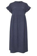 שמלה ארוכה במידות גדולות עם צווארון עגול שרוולים קצרים עיצוב עם פרטים של פרנזים 270342