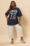 טישירט במידות גדולות שרוול קצר צווארון עגול עם הדפס 304180