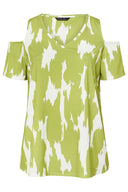 חולצה במידות גדולות עם צווארון V שרוולים קצרים דוגמה אבסטרקטית ופירוט כתפיים 616307