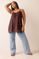 טישירט במידות גדולות צווארון V ללא שרוולים פרטי חוט דוגמת דובדבנים 322672