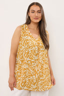 טישירט במידות גדולות ללא שרוולים צווארון V דוגמת פרחים גזרה א-סימטרית קפלים בחזית 616295