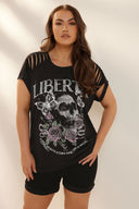 טישירט במידות גדולות שרוול קצר צווארון עגול דוגמת גולגולת פרטי שרוול 322639