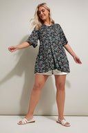 טישירט במידות גדולות ללא שרוולים צווארון V דוגמת פרחים גזרה א-סימטרית קפלים בחזית 304084