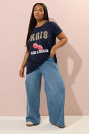 טישירט במידות גדולות שרוול קצר צווארון עגול עם הדפס 304174