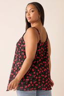 טישירט במידות גדולות צווארון V ללא שרוולים פרטי חוט דוגמת דובדבנים 322672