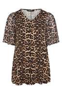 טישירט במידות גדולות שרוול קצר צווארון V פרטי טול עם בטנה דוגמת נמר 304341