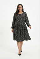 שמלה במידות גדולות שרוול ארוך פרטי קשירה עם הדפס 100-73