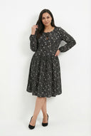 שמלה במידות גדולות שרוול ארוך פרטי קשירה עם הדפס 100-73