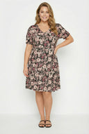 שמלה במידות גדולות צווארון V שרוול קצר דוגמת פרחים מיני 137983
