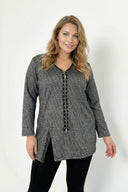 חולצה במידות גדולות צווארון V רוכסן קדמי שסעים בצדדים 173670