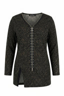 חולצה במידות גדולות צווארון V רוכסן קדמי שסעים בצדדים עם הדפס נמר 173672