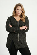 חולצה במידות גדולות צווארון V רוכסן קדמי שסעים בצדדים עם הדפס נמר 173672