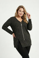 חולצה במידות גדולות צווארון V רוכסן קדמי שסעים בצדדים עם הדפס נמר 173672