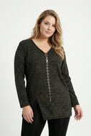 חולצה במידות גדולות צווארון V רוכסן קדמי שסעים בצדדים עם הדפס נמר 173672