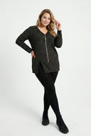 חולצה במידות גדולות צווארון V רוכסן קדמי שסעים בצדדים עם הדפס נמר 173672