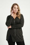 חולצה במידות גדולות צווארון V רוכסן קדמי שסעים בצדדים עם הדפס נמר 173672