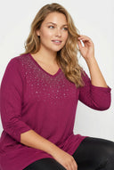 חולצה במידות גדולות צווארון V עיטורי ניטים ניטים חצי שרוול 285017