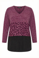 סווטשירט במידות גדולות שרוול ארוך צווארון עגול דוגמת בלוקי צבע עם דוגמת חיות 285053