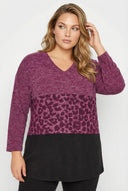 סווטשירט במידות גדולות שרוול ארוך צווארון עגול דוגמת בלוקי צבע עם דוגמת חיות 285053