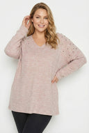 סווטשירט במידות גדולות שרוול ארוך צווארון V פליז עם חרוזים 285055