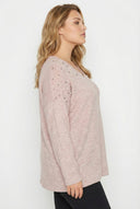 סווטשירט במידות גדולות שרוול ארוך צווארון V פליז עם חרוזים 285055