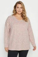 סווטשירט במידות גדולות שרוול ארוך צווארון V פליז עם חרוזים 285055