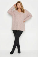 סווטשירט במידות גדולות שרוול ארוך צווארון V פליז עם חרוזים 285055