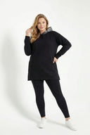 קפוצ׳ון במידות גדולות שרוול ארוך כיס קנגורו שסעים בצדדים 300372