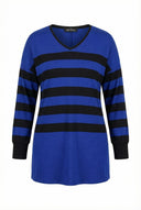 חולצה במידות גדולות צווארון V דוגמת פסים שסעים בצדדים שרוול ארוך 301567