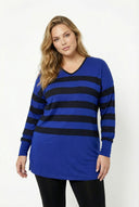 חולצה במידות גדולות צווארון V דוגמת פסים שסעים בצדדים שרוול ארוך 301567