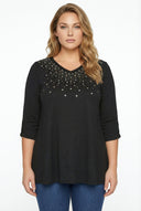 חולצה במידות גדולות צווארון V חזית מעוטרת שרוולים מכווצים חצי שרוול 302045