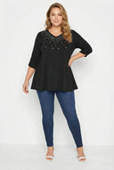 חולצה במידות גדולות צווארון V חזית מעוטרת שרוולים מכווצים חצי שרוול 302045