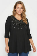 חולצה במידות גדולות צווארון V חזית מעוטרת שרוולים מכווצים חצי שרוול 302045