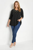 חולצה במידות גדולות צווארון V חזית מעוטרת שרוולים מכווצים חצי שרוול 302045