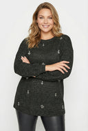 חולצה במידות גדולות עם צווארון עגול שרוולים ארוכים מעוטרת באבנים 302622