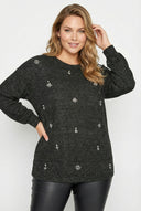 חולצה במידות גדולות עם צווארון עגול שרוולים ארוכים מעוטרת באבנים 302622