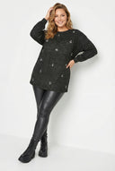 חולצה במידות גדולות עם צווארון עגול שרוולים ארוכים מעוטרת באבנים 302622