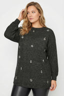 חולצה במידות גדולות עם צווארון עגול שרוולים ארוכים מעוטרת באבנים 302622