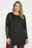 חולצה במידות גדולות פרטי דמוי עור פרטי שרוול רשת עם שסע 302671