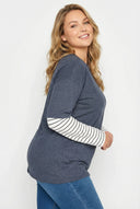 טישירט במידות גדולות צווארון עגול שרוולים דוגמת פסים 302777