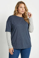 טישירט במידות גדולות צווארון עגול שרוולים דוגמת פסים 302777