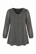 חולצה במידות גדולות שרוול ארוך צווארון V פרטי טול עם קפלים 302824