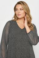 חולצה במידות גדולות שרוול ארוך צווארון V פרטי טול עם קפלים 302824